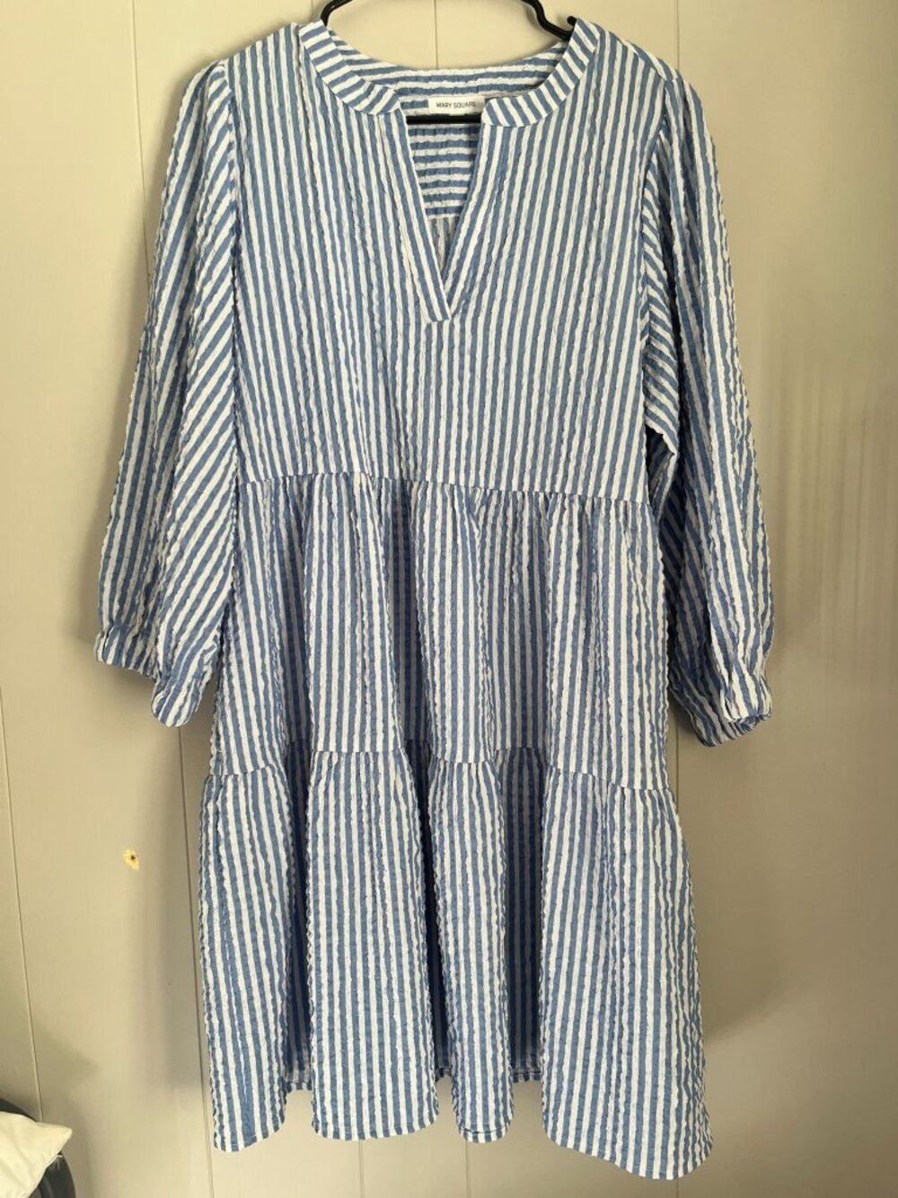 Mary Square Blue White Striped Tiered Dress Women's L 3/4 Sleeve